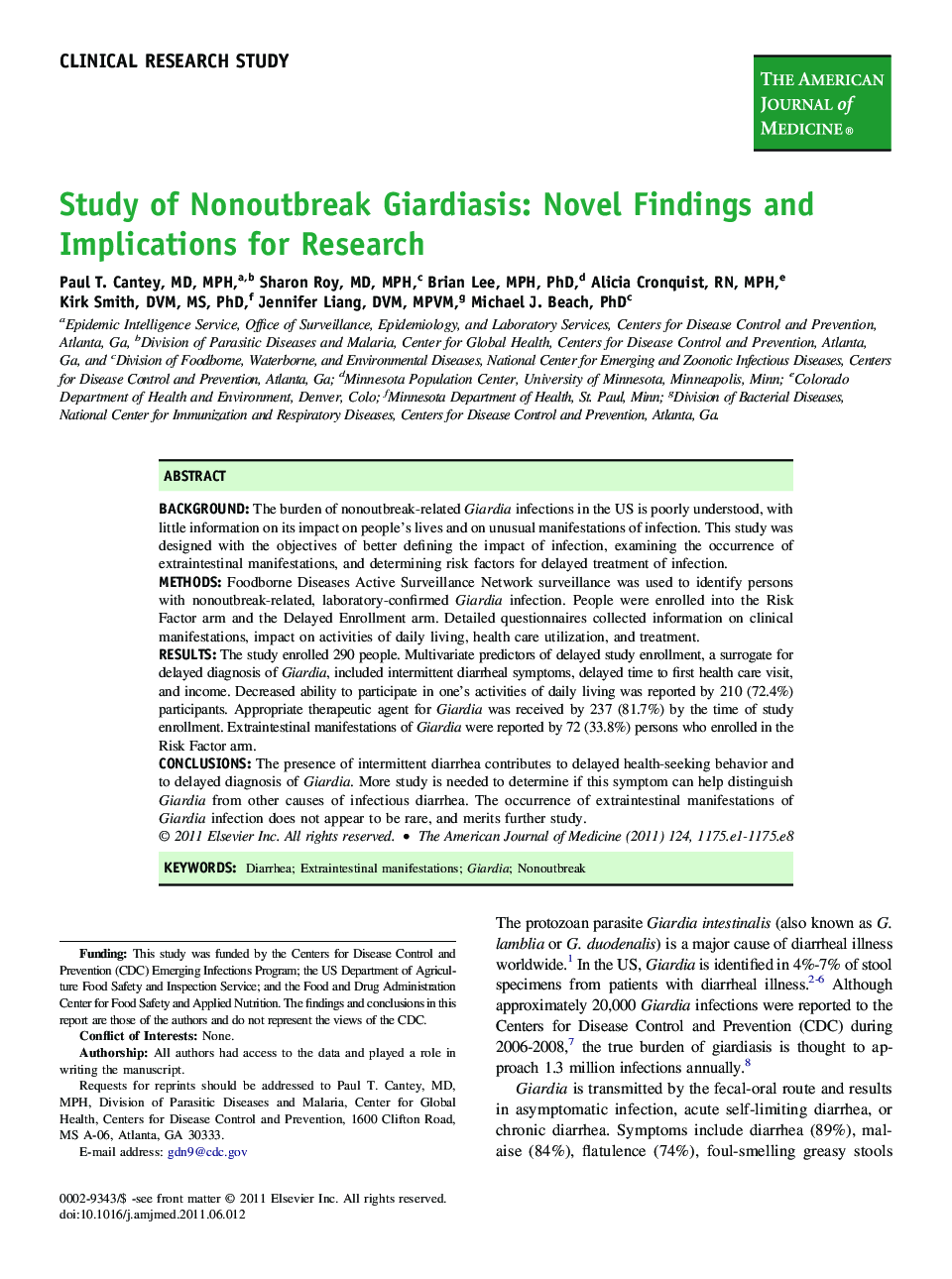 Study of Nonoutbreak Giardiasis: Novel Findings and Implications for Research