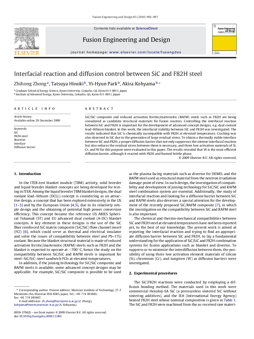 Interfacial reaction and diffusion control between SiC and F82H steel