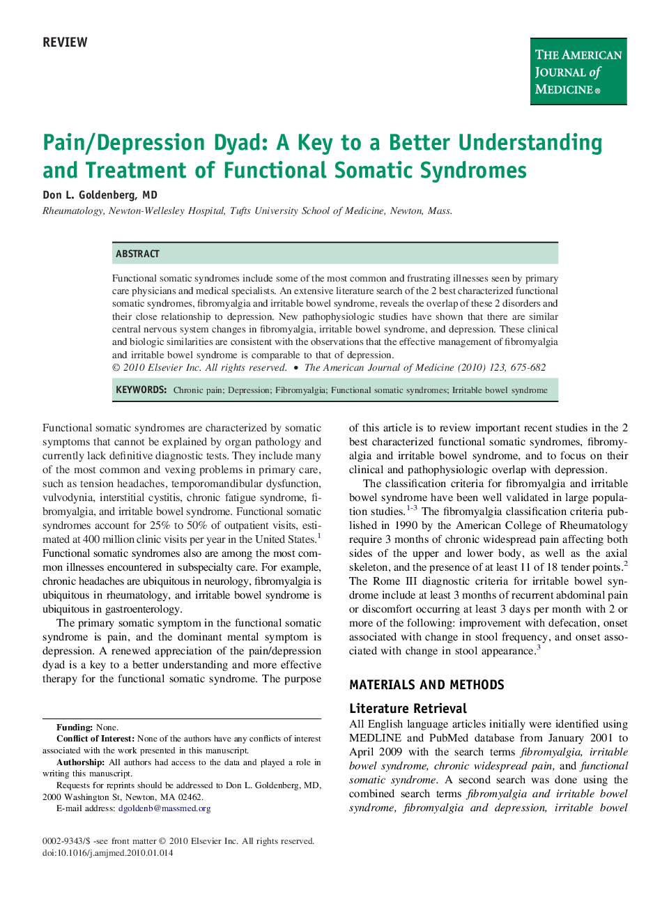 Pain/Depression Dyad: A Key to a Better Understanding and Treatment of Functional Somatic Syndromes