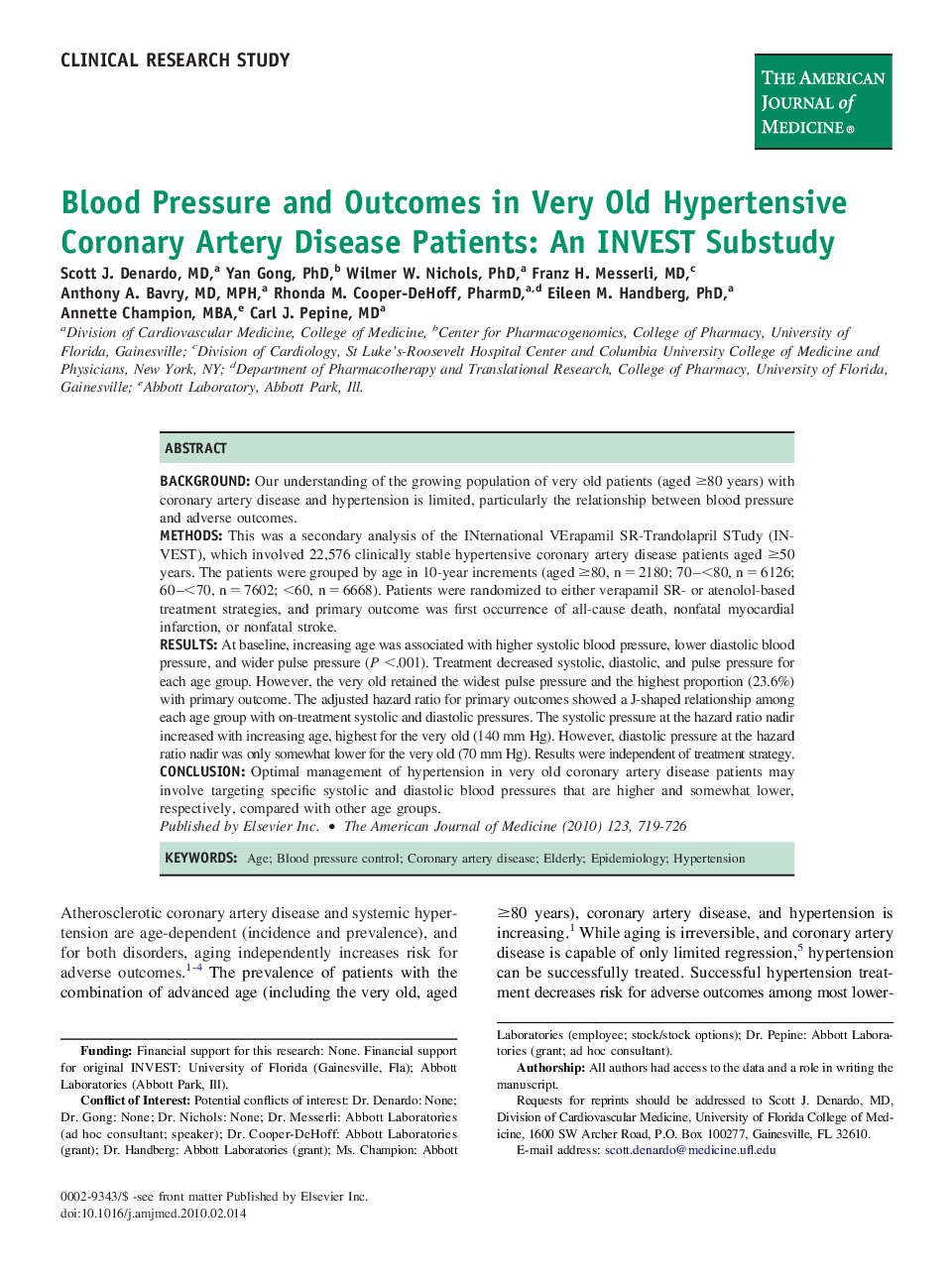 Blood Pressure and Outcomes in Very Old Hypertensive Coronary Artery Disease Patients: An INVEST Substudy