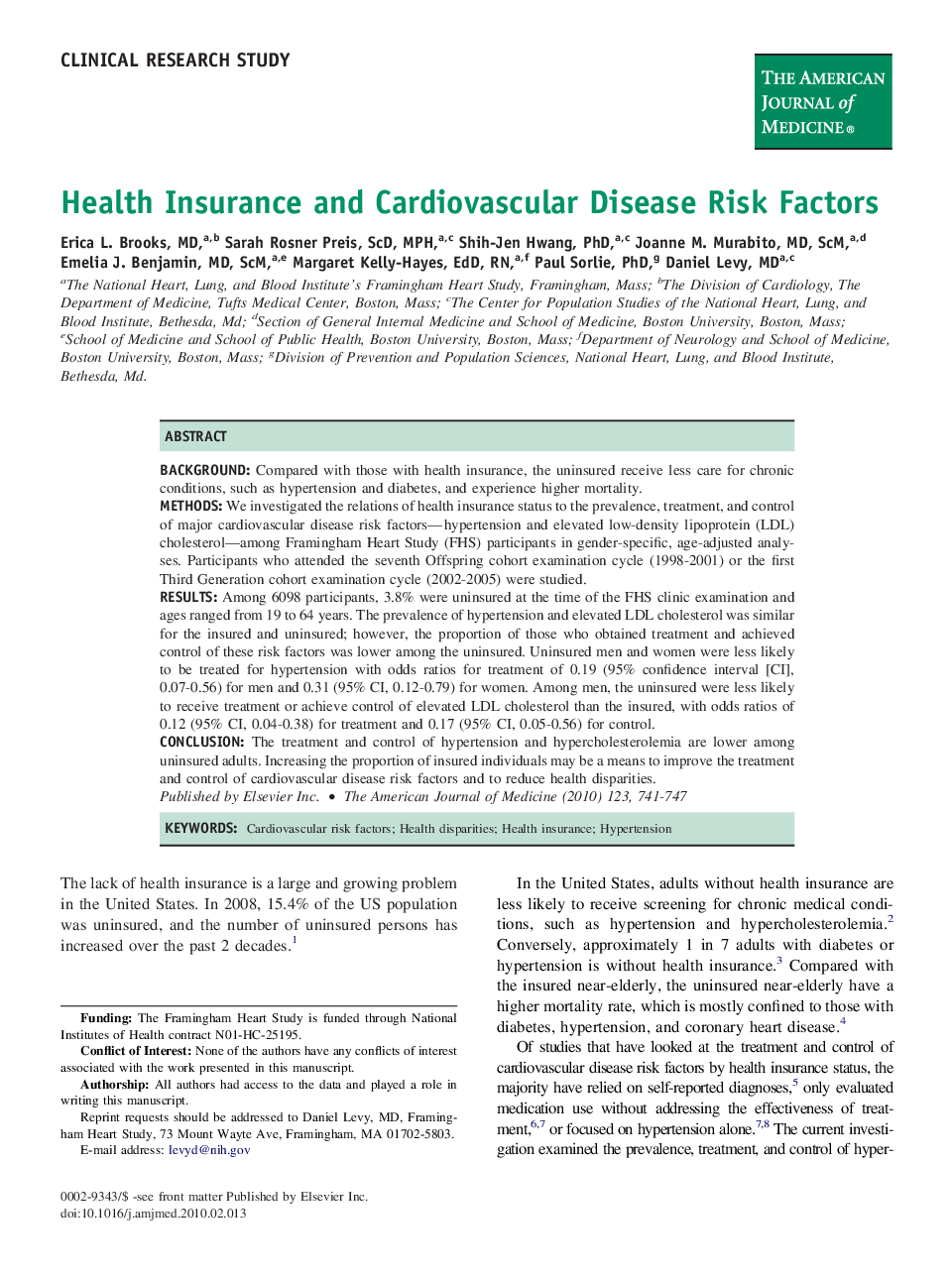 Health Insurance and Cardiovascular Disease Risk Factors 