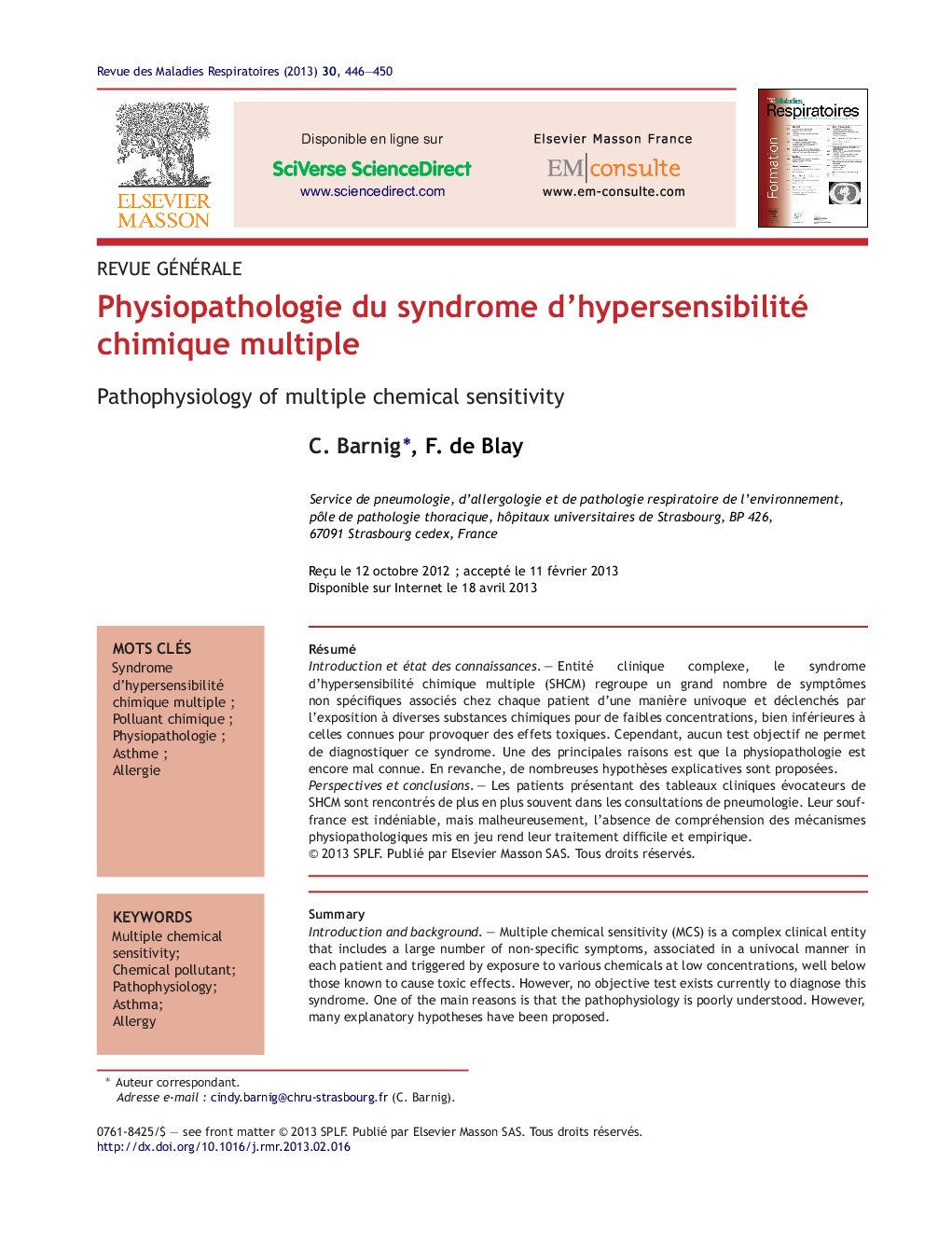 Physiopathologie du syndrome d'hypersensibilité chimique multiple