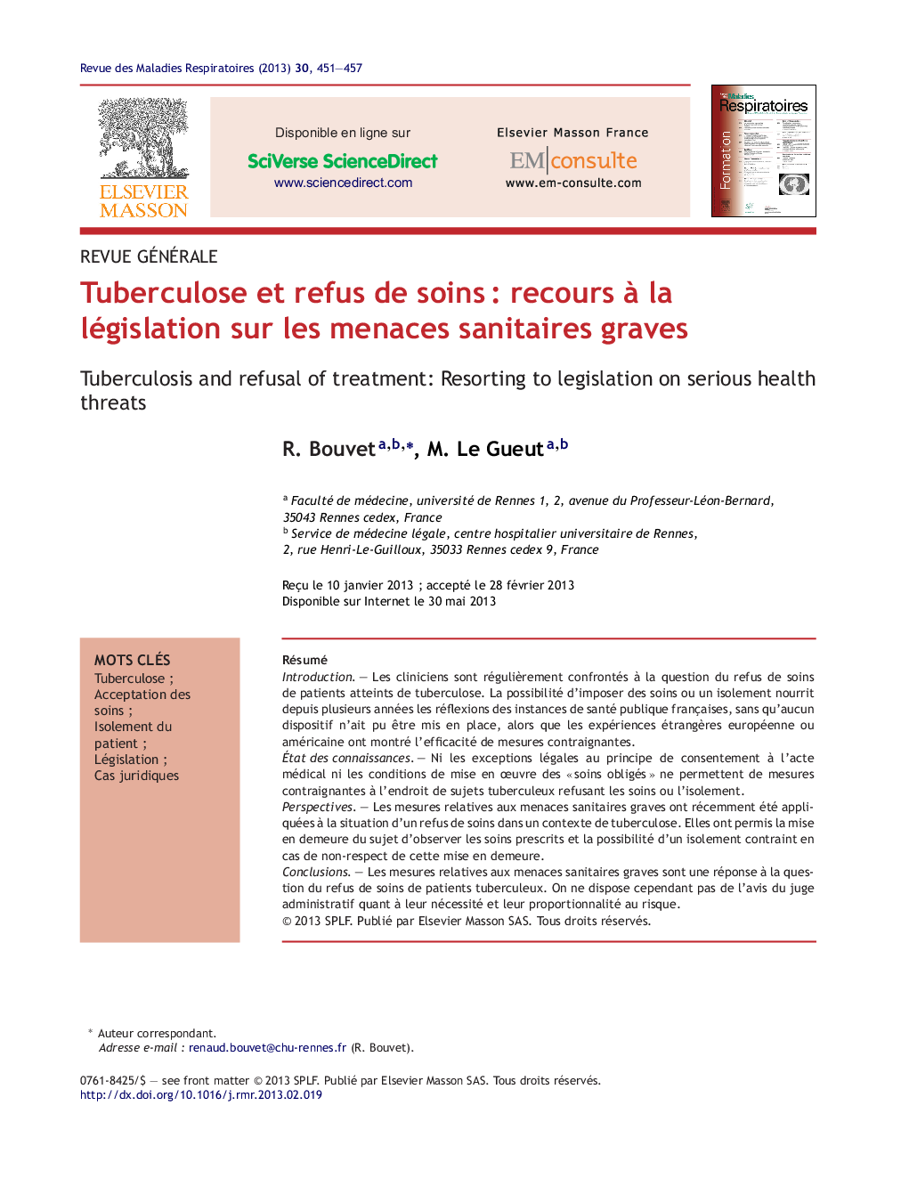 Tuberculose et refus de soinsÂ : recours Ã  la législation sur les menaces sanitaires graves