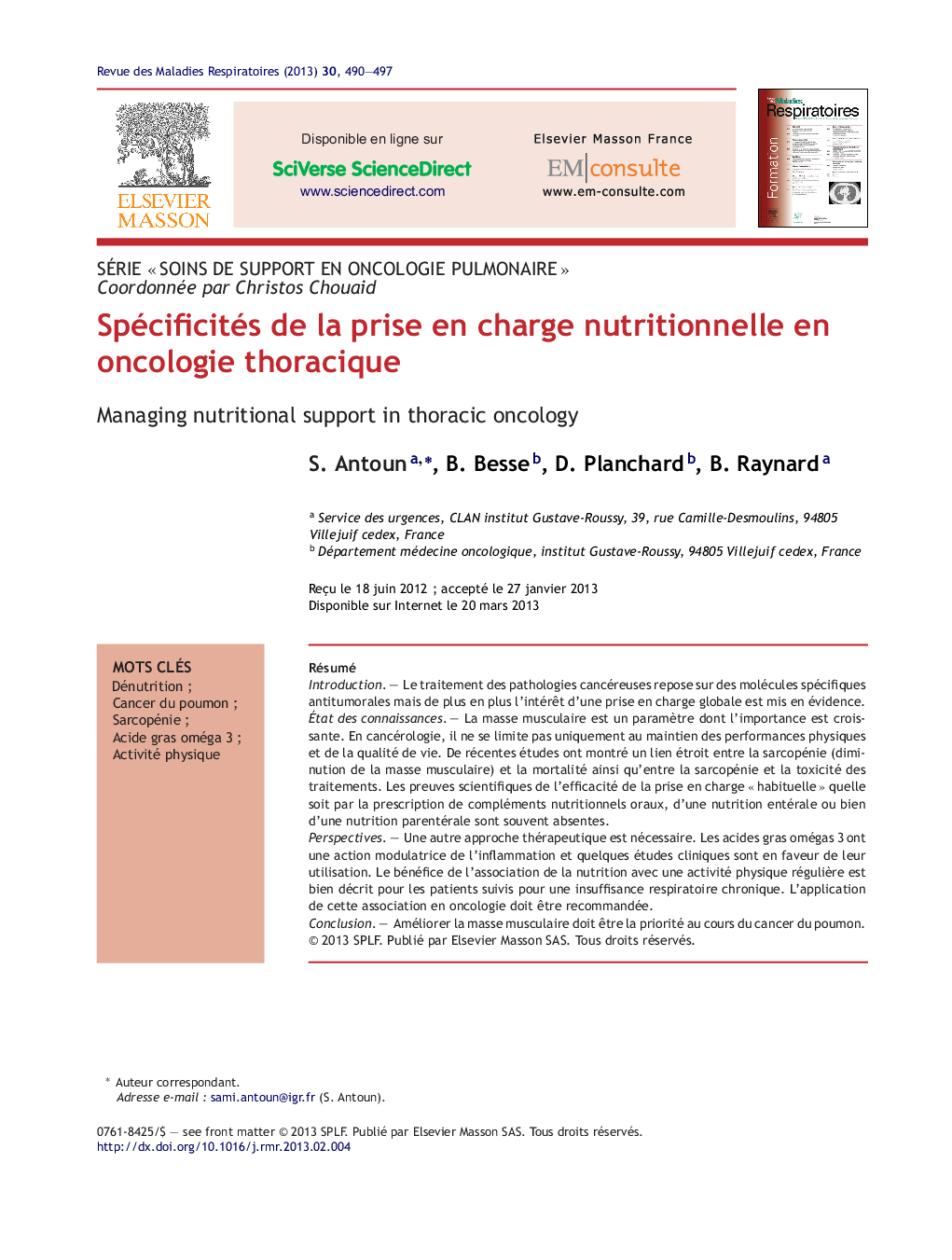 Spécificités de la prise en charge nutritionnelle en oncologie thoracique