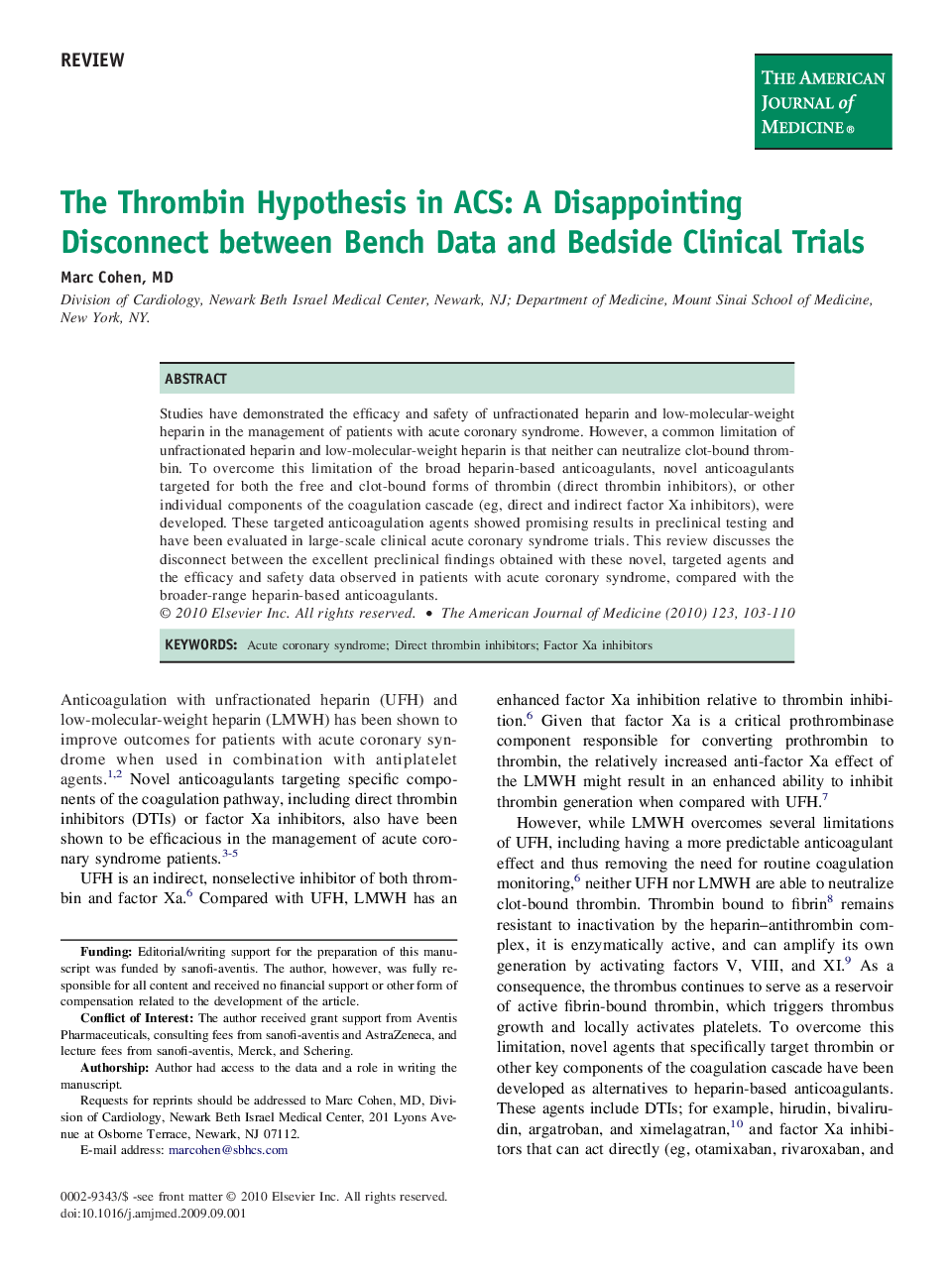 The Thrombin Hypothesis in ACS: A Disappointing Disconnect between Bench Data and Bedside Clinical Trials 