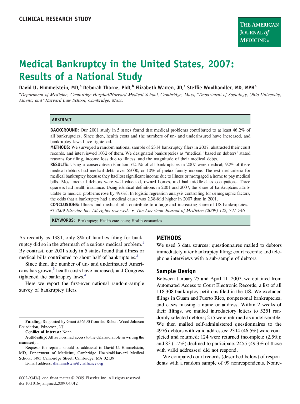 Medical Bankruptcy in the United States, 2007: Results of a National Study 