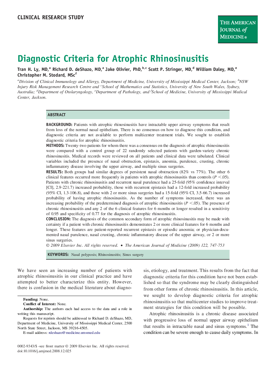 Diagnostic Criteria for Atrophic Rhinosinusitis 