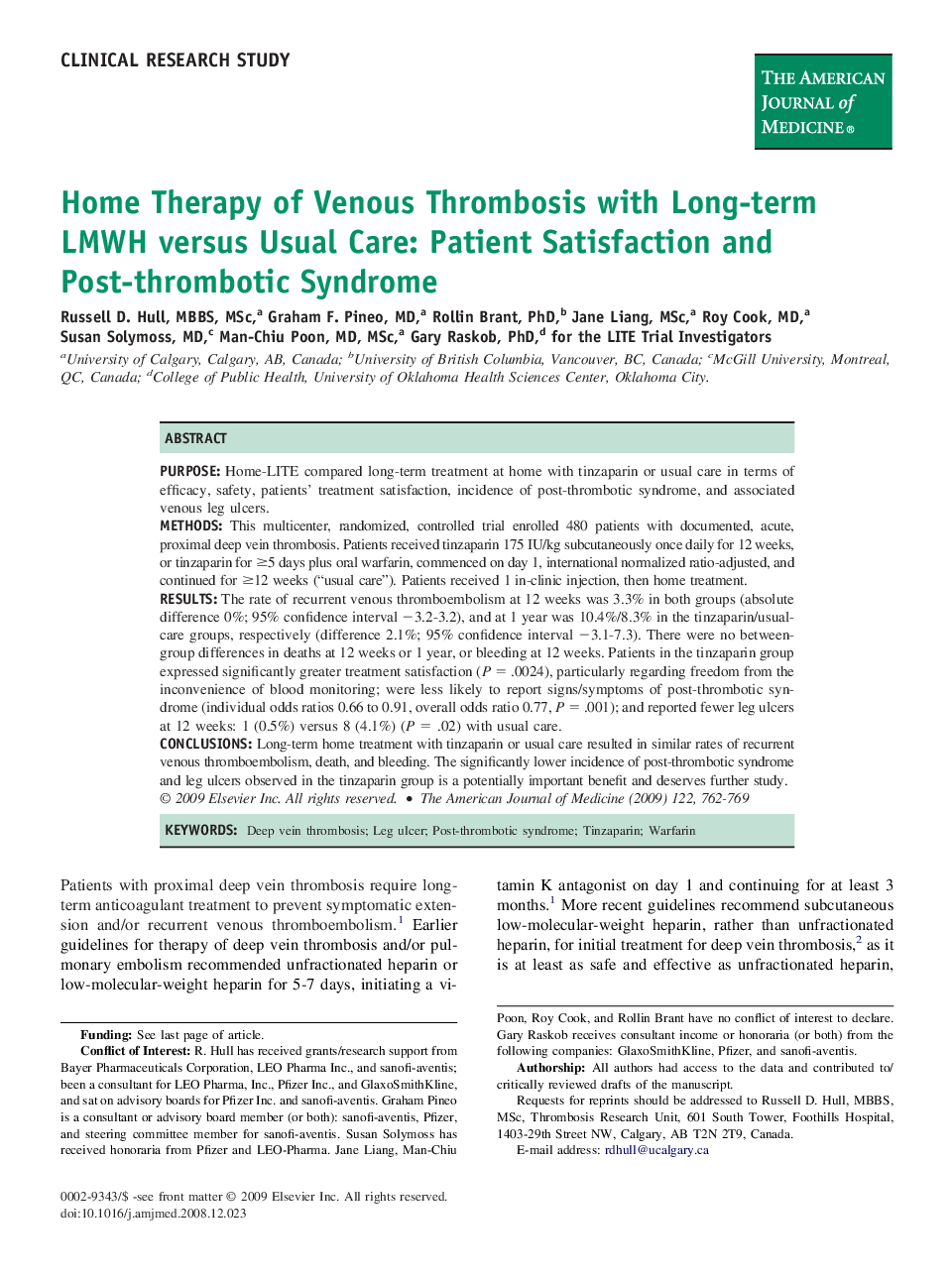 Home Therapy of Venous Thrombosis with Long-term LMWH versus Usual Care: Patient Satisfaction and Post-thrombotic Syndrome