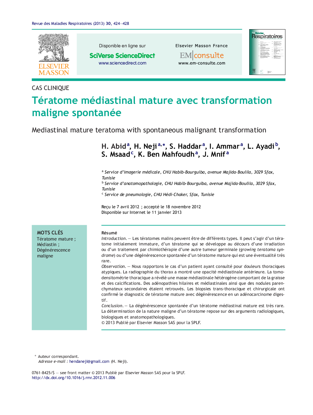 Tératome médiastinal mature avec transformation maligne spontanée