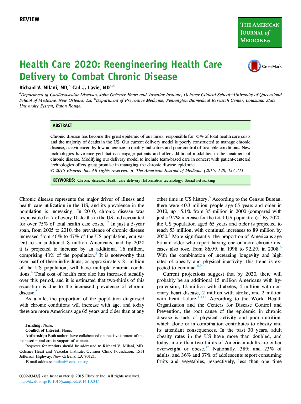 Health Care 2020: Reengineering Health Care Delivery to Combat Chronic Disease 