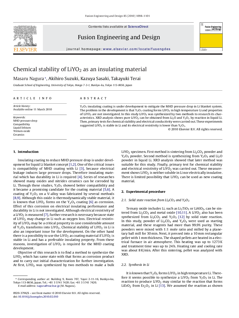 Chemical stability of LiYO2 as an insulating material