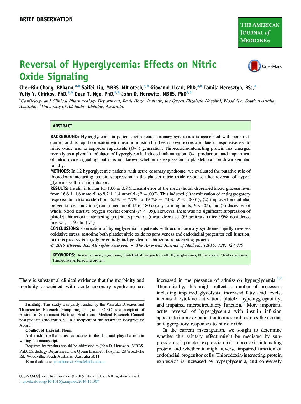 Reversal of Hyperglycemia: Effects on Nitric Oxide Signaling 