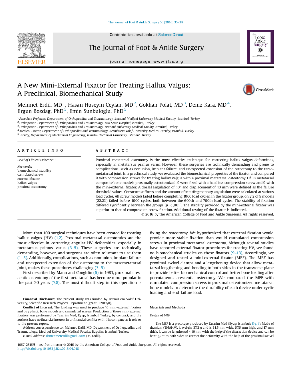 A New Mini-External Fixator for Treating Hallux Valgus: A Preclinical, Biomechanical Study 