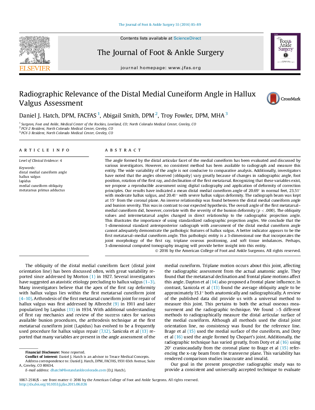 Radiographic Relevance of the Distal Medial Cuneiform Angle in Hallux Valgus Assessment 