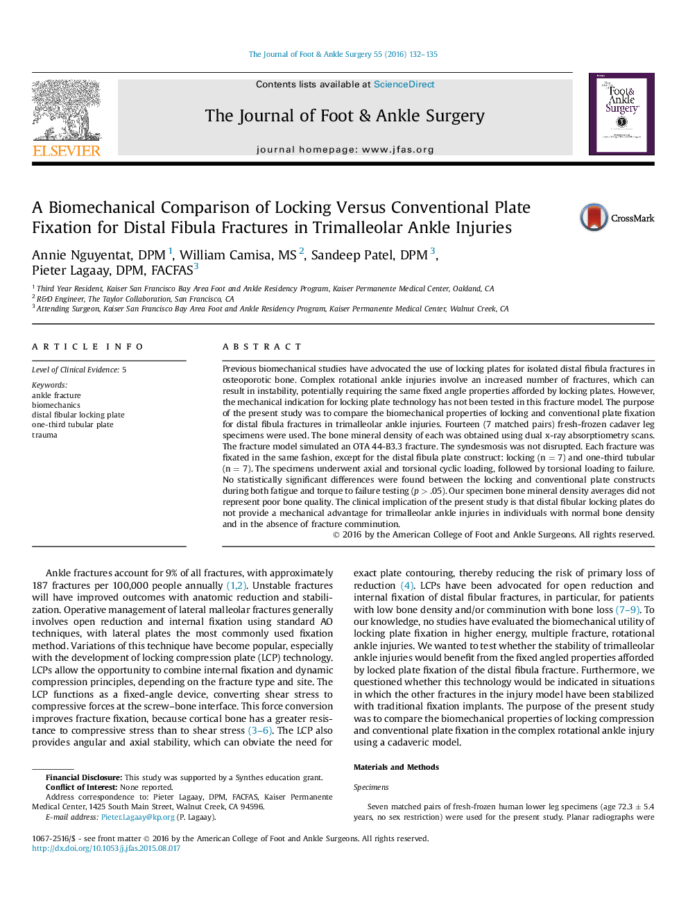 A Biomechanical Comparison of Locking Versus Conventional Plate Fixation for Distal Fibula Fractures in Trimalleolar Ankle Injuries 