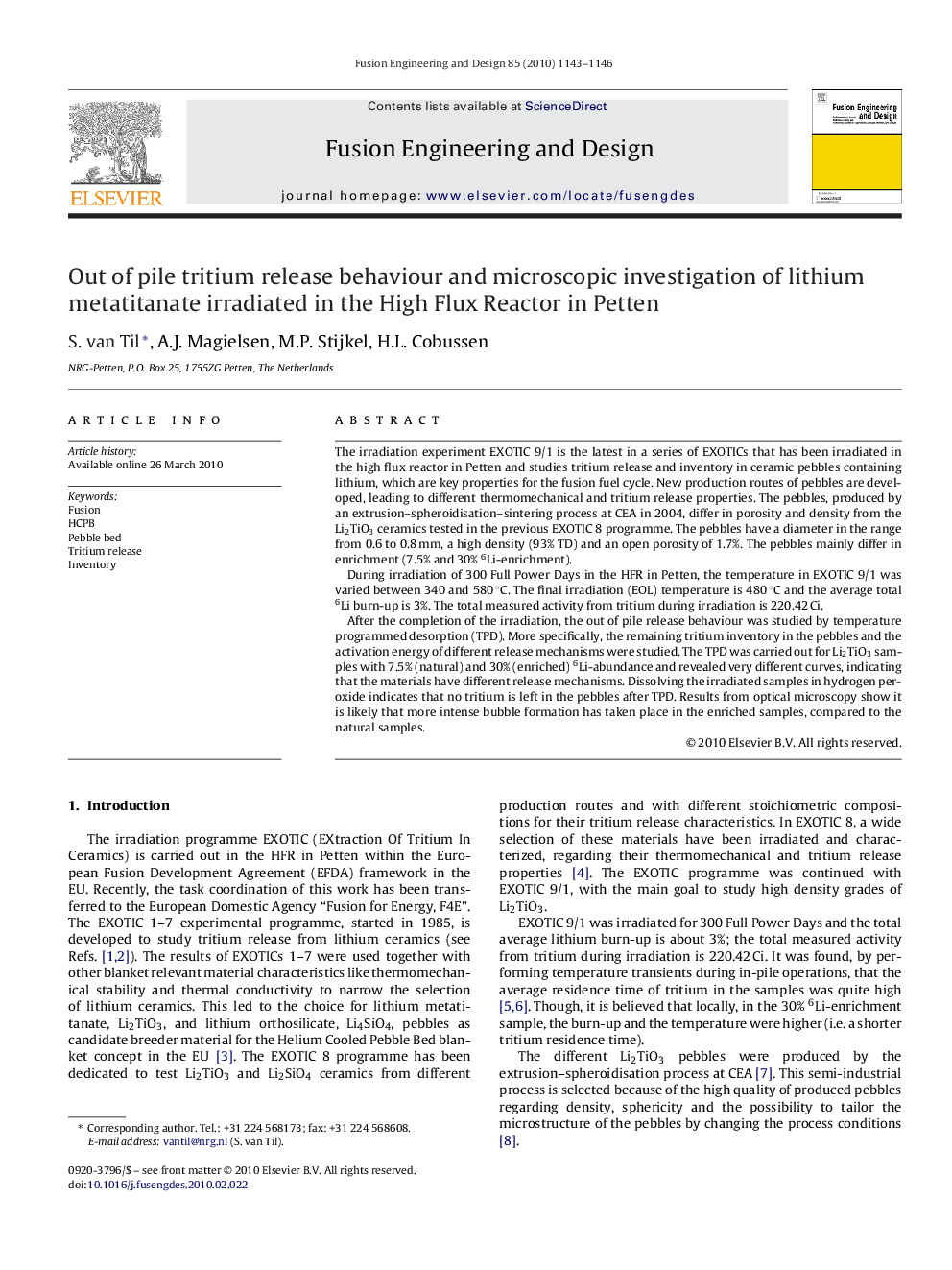 عکس صفحه اول مقاله: Out of pile tritium release behaviour and microscopic investigation of lithium metatitanate irradiated in the High Flux Reactor in Petten Out of pile tritium release behaviour and microscopic investigation of lithium metatitanate irradiated in the High Flux Reactor in Petten