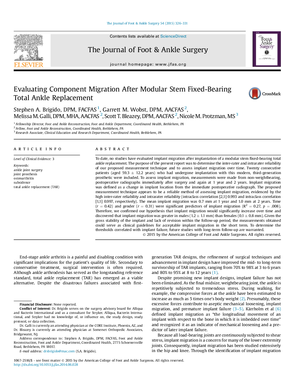 Evaluating Component Migration After Modular Stem Fixed-Bearing Total Ankle Replacement 