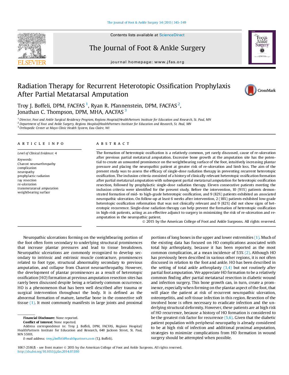 Radiation Therapy for Recurrent Heterotopic Ossification Prophylaxis After Partial Metatarsal Amputation