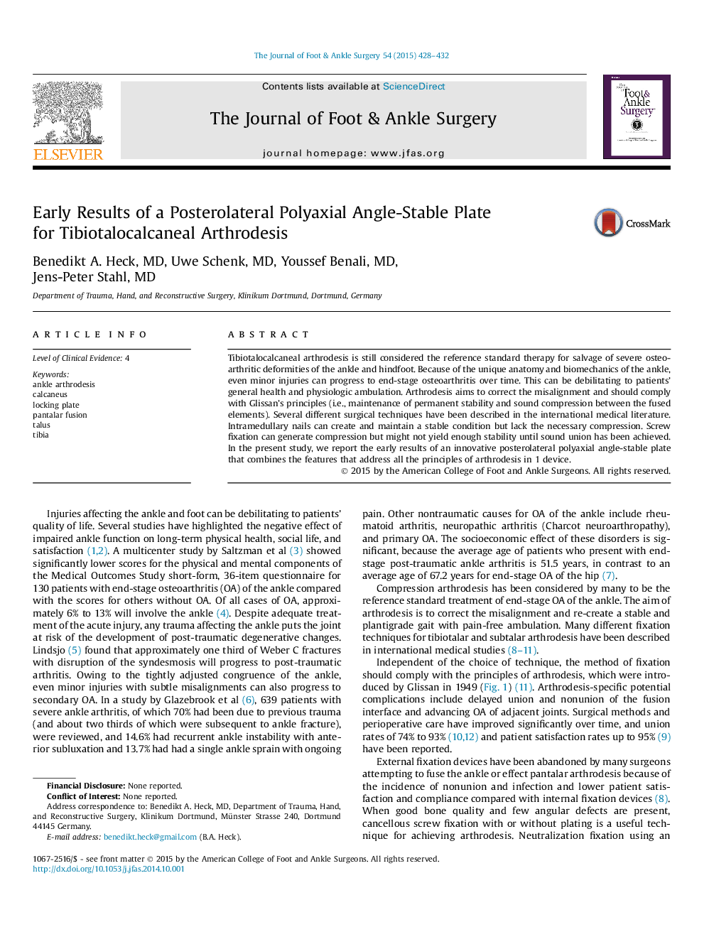 Early Results of a Posterolateral Polyaxial Angle-Stable Plate for Tibiotalocalcaneal Arthrodesis 