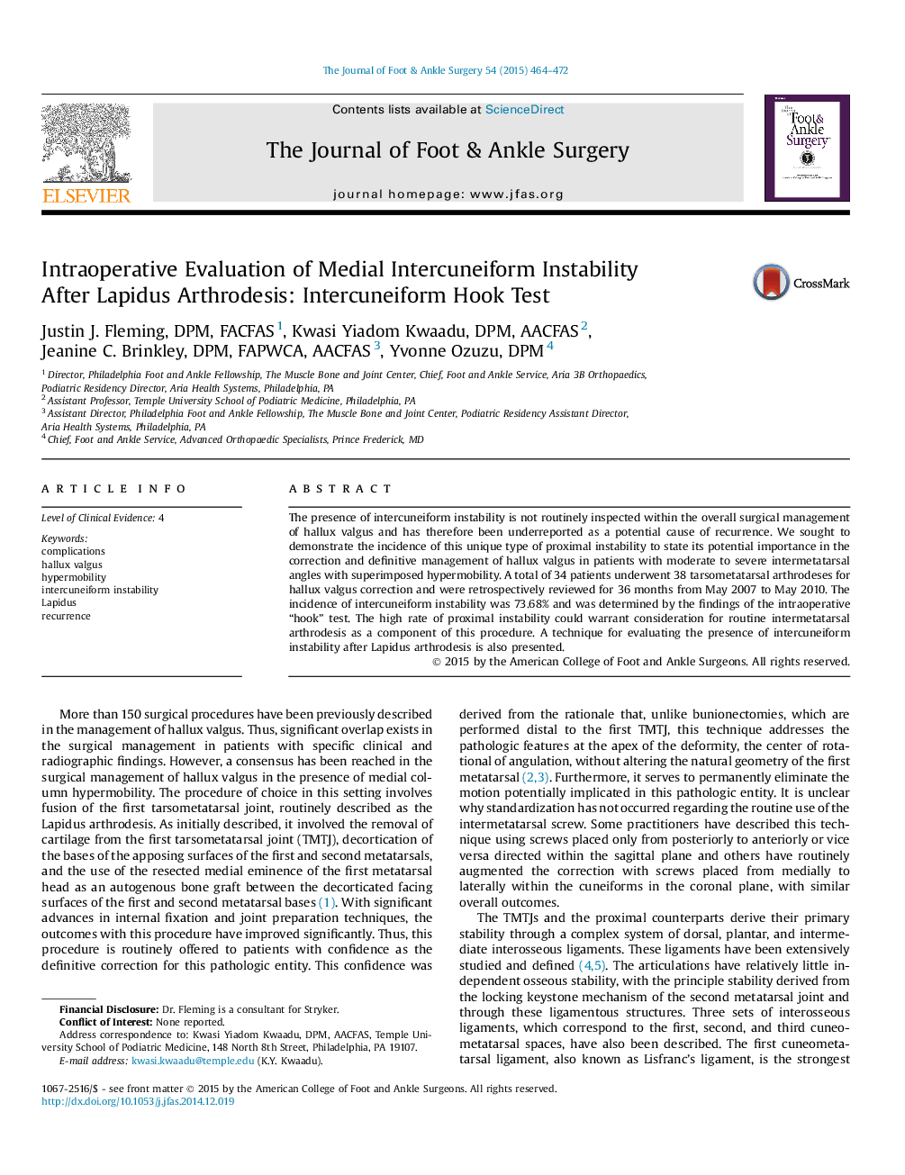 Intraoperative Evaluation of Medial Intercuneiform Instability After Lapidus Arthrodesis: Intercuneiform Hook Test 