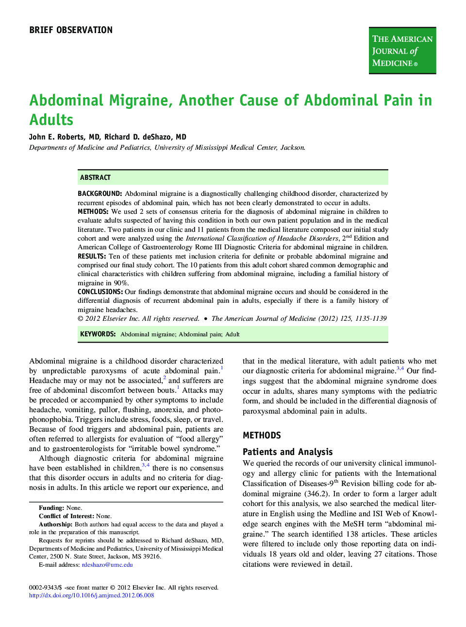 Abdominal Migraine, Another Cause of Abdominal Pain in Adults 