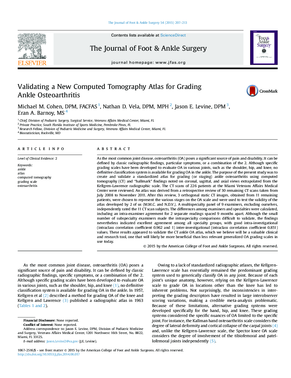 Validating a New Computed Tomography Atlas for Grading Ankle Osteoarthritis 