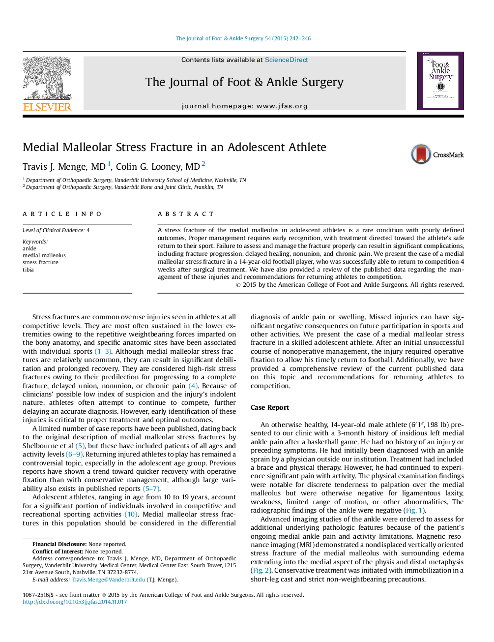 Medial Malleolar Stress Fracture in an Adolescent Athlete 