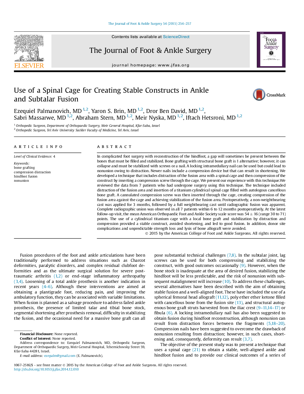 Use of a Spinal Cage for Creating Stable Constructs in Ankle and Subtalar Fusion 