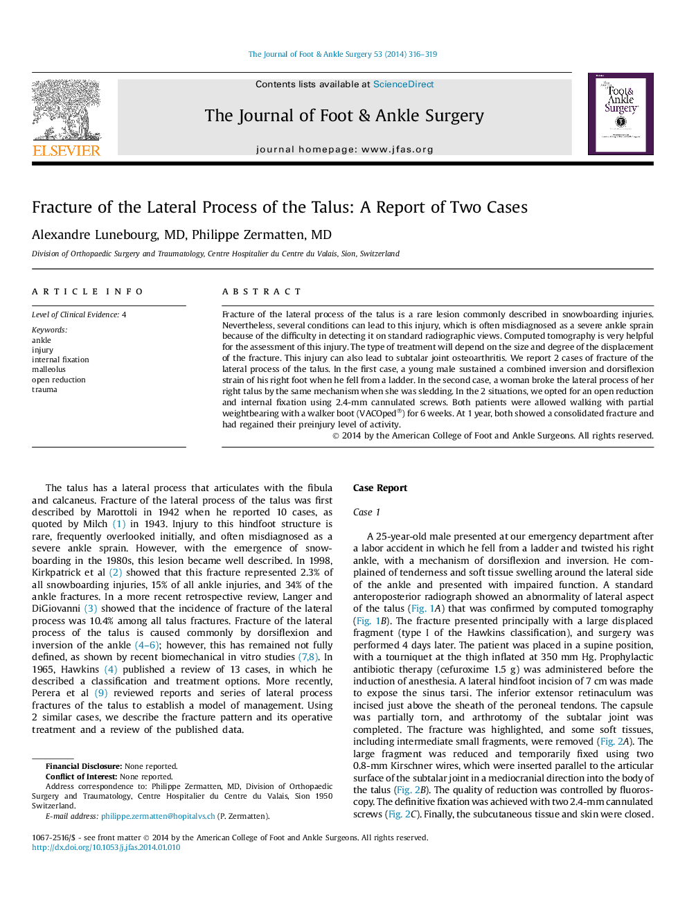 Fracture of the Lateral Process of the Talus: A Report of Two Cases 