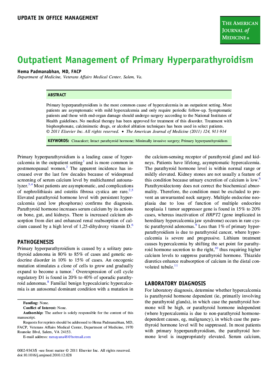 عکس صفحه اول مقاله: Outpatient Management of Primary Hyperparathyroidism Outpatient Management of Primary Hyperparathyroidism