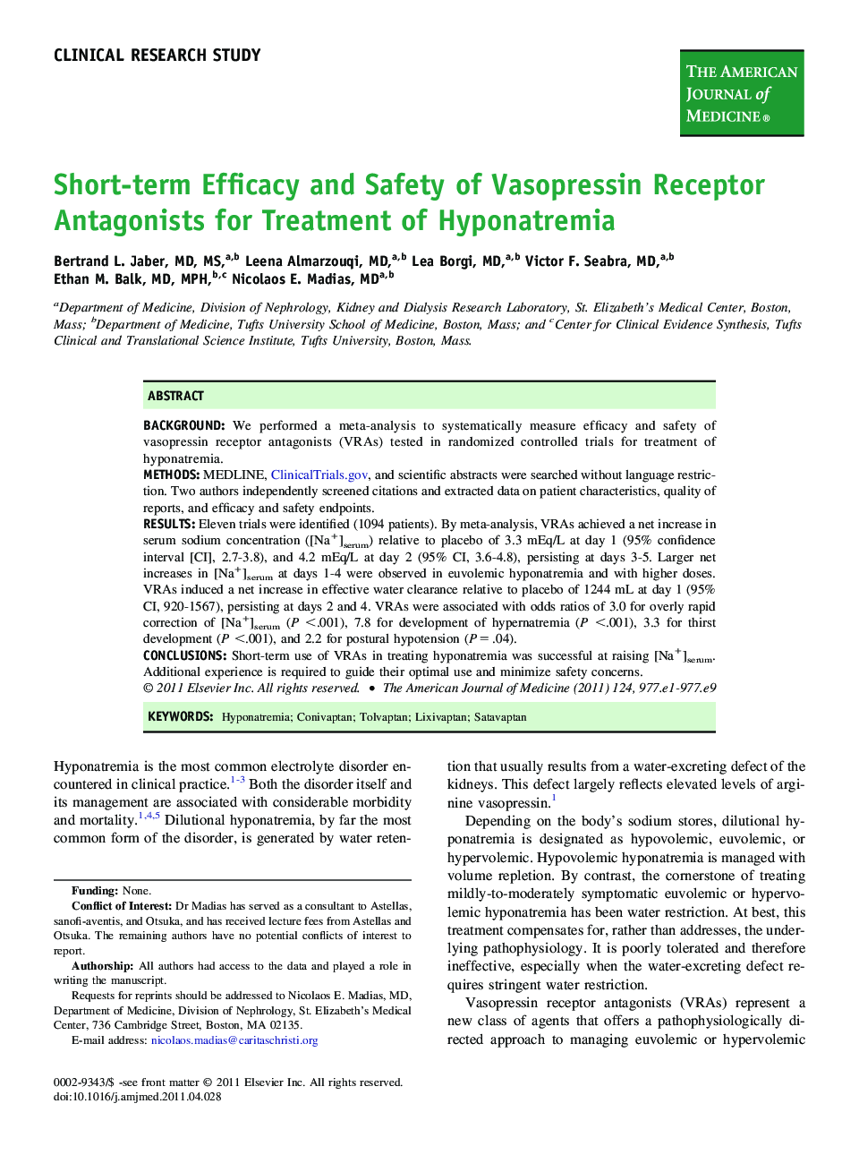 Short-term Efficacy and Safety of Vasopressin Receptor Antagonists for Treatment of Hyponatremia