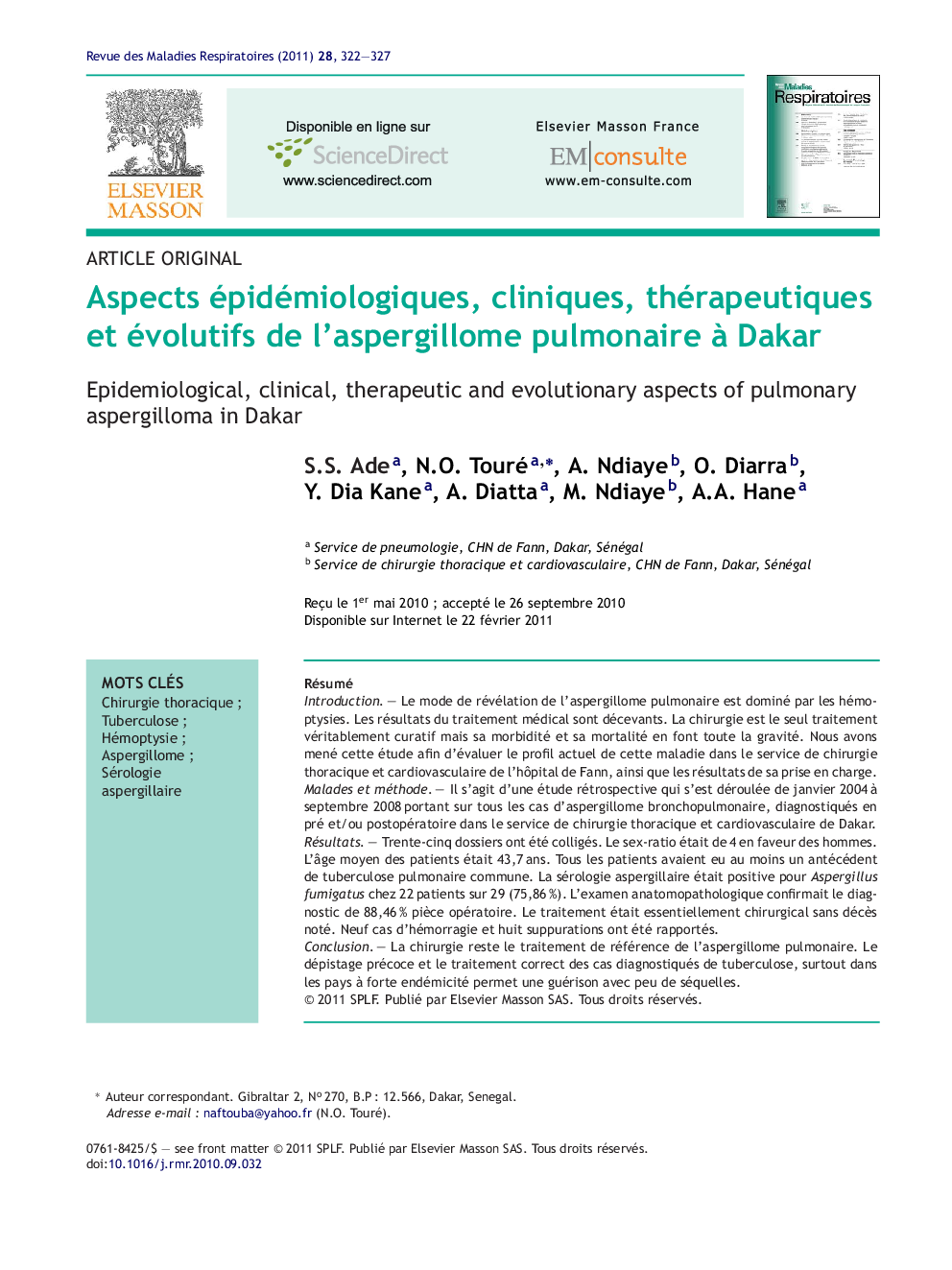 Aspects épidémiologiques, cliniques, thérapeutiques et évolutifs de l'aspergillome pulmonaire Ã  Dakar