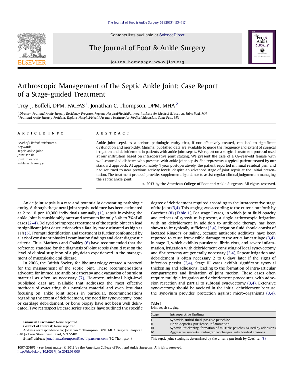 Arthroscopic Management of the Septic Ankle Joint: Case Report of a Stage-guided Treatment 