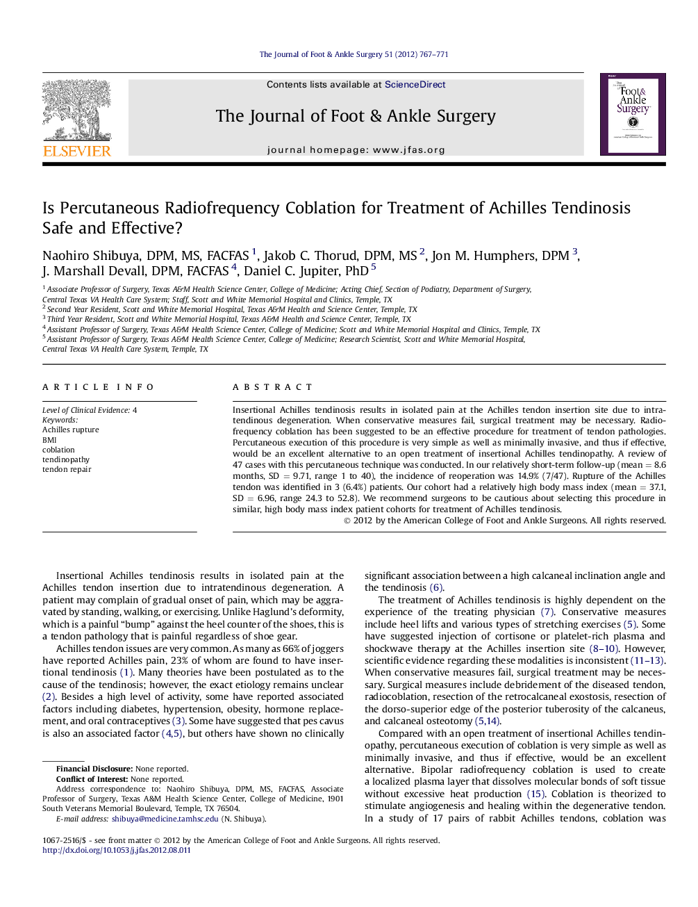 Is Percutaneous Radiofrequency Coblation for Treatment of Achilles Tendinosis Safe and Effective? 