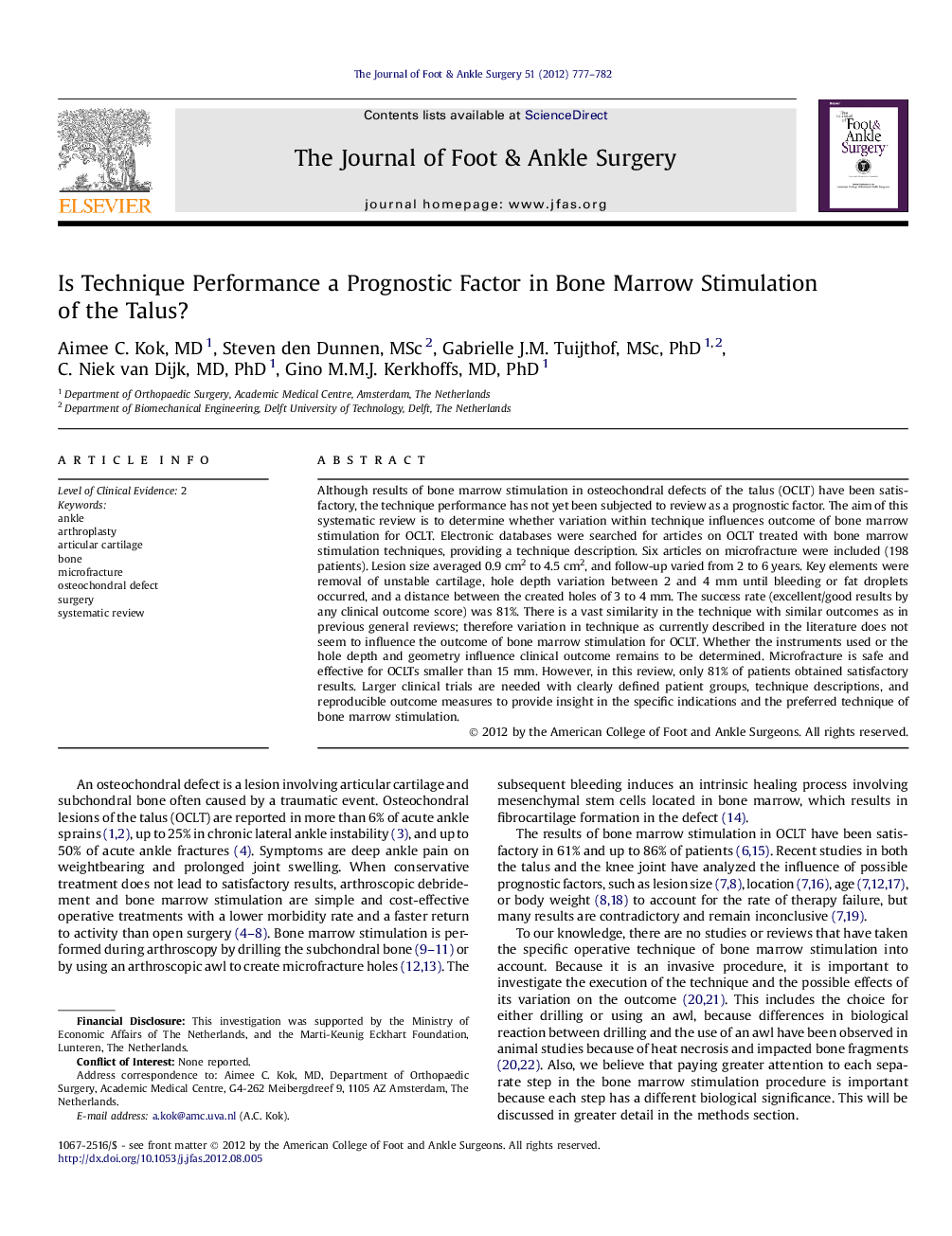 Is Technique Performance a Prognostic Factor in Bone Marrow Stimulation of the Talus?