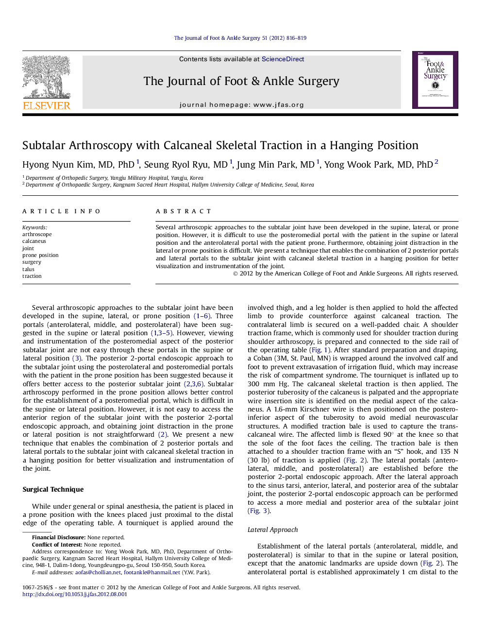 Subtalar Arthroscopy with Calcaneal Skeletal Traction in a Hanging Position 