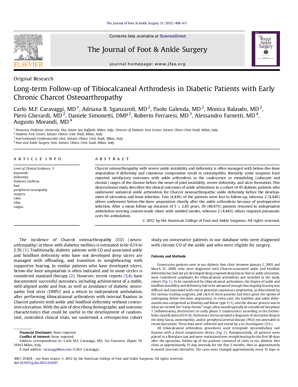 Long-term Follow-up of Tibiocalcaneal Arthrodesis in Diabetic Patients with Early Chronic Charcot Osteoarthropathy 