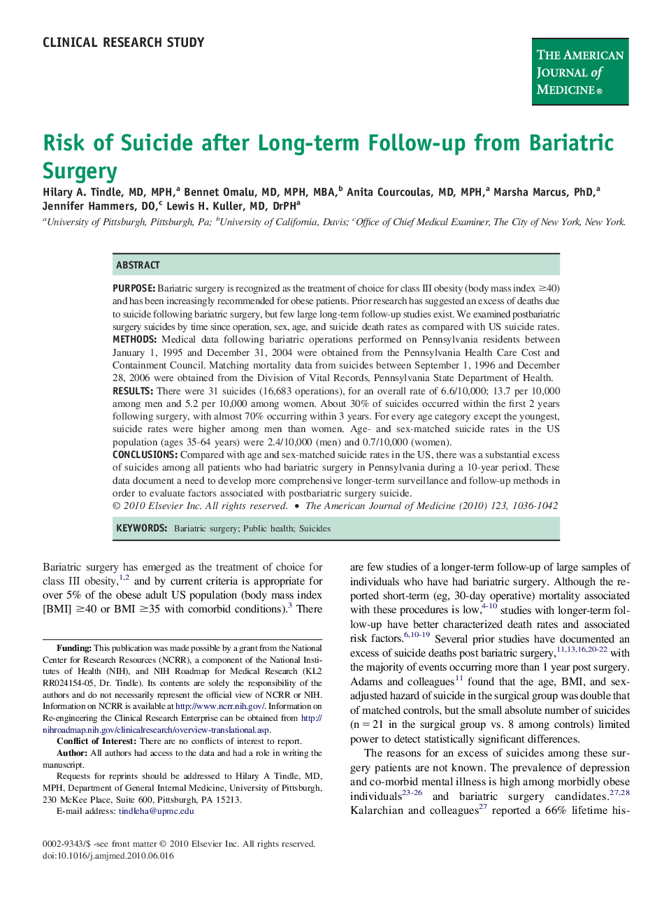 Risk of Suicide after Long-term Follow-up from Bariatric Surgery 