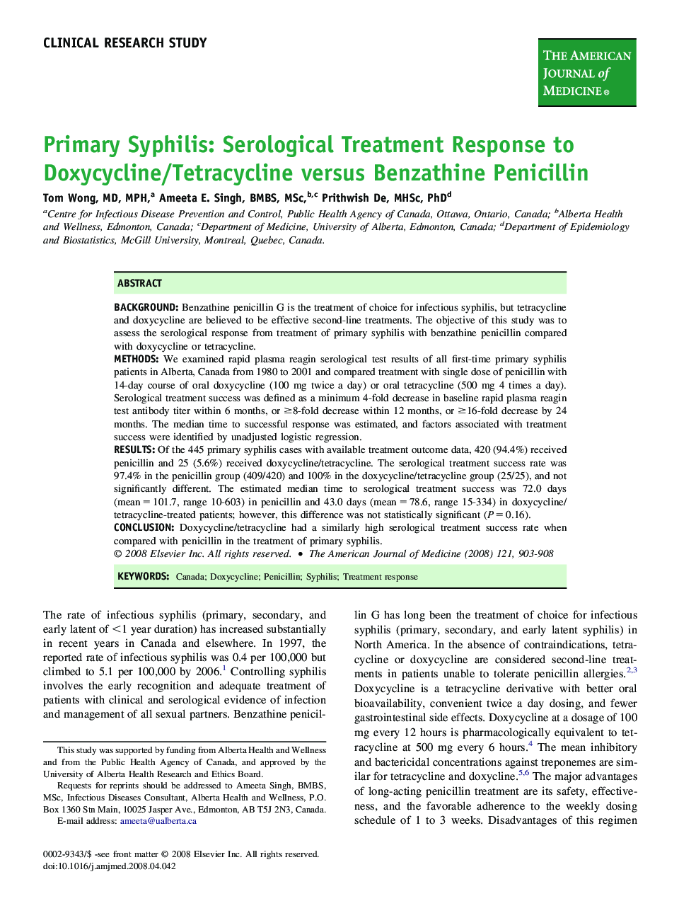 Primary Syphilis: Serological Treatment Response to Doxycycline/Tetracycline versus Benzathine Penicillin 