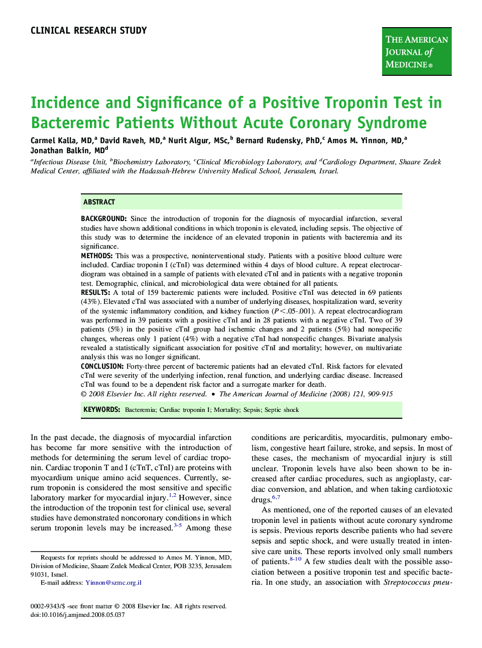 Incidence and Significance of a Positive Troponin Test in Bacteremic Patients Without Acute Coronary Syndrome