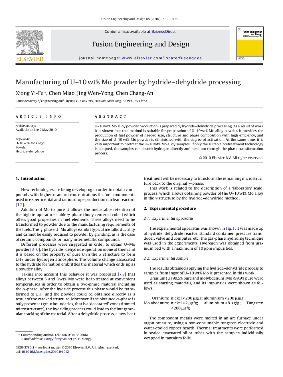 عکس صفحه اول مقاله: Manufacturing of U–10 wt% Mo powder by hydride–dehydride processing Manufacturing of U–10 wt% Mo powder by hydride–dehydride processing