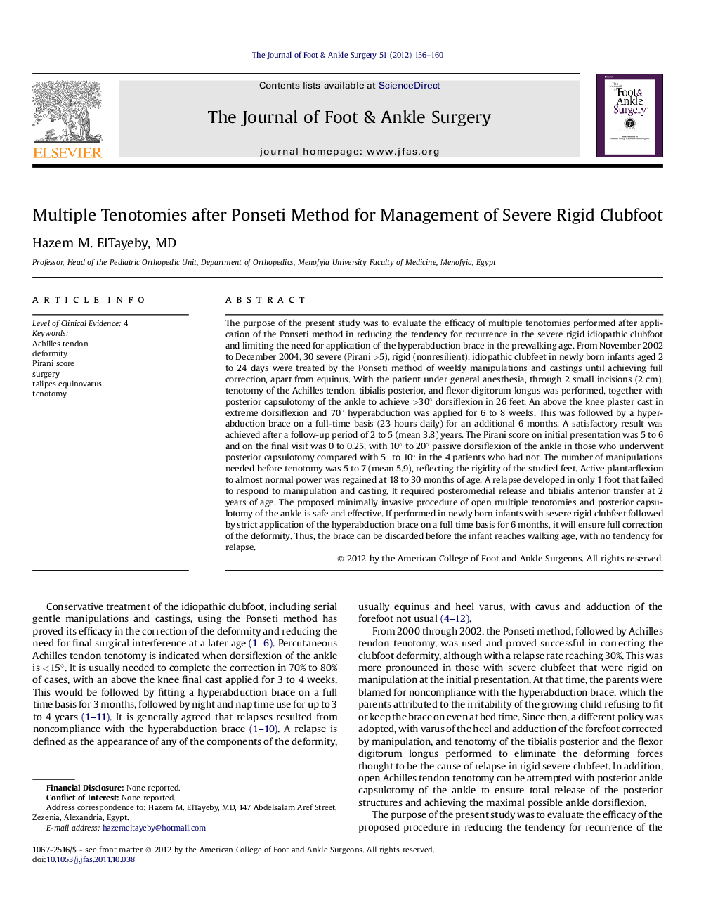 Multiple Tenotomies after Ponseti Method for Management of Severe Rigid Clubfoot 