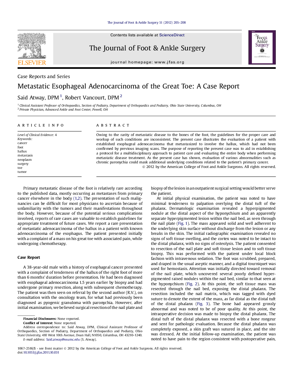 Metastatic Esophageal Adenocarcinoma of the Great Toe: A Case Report 