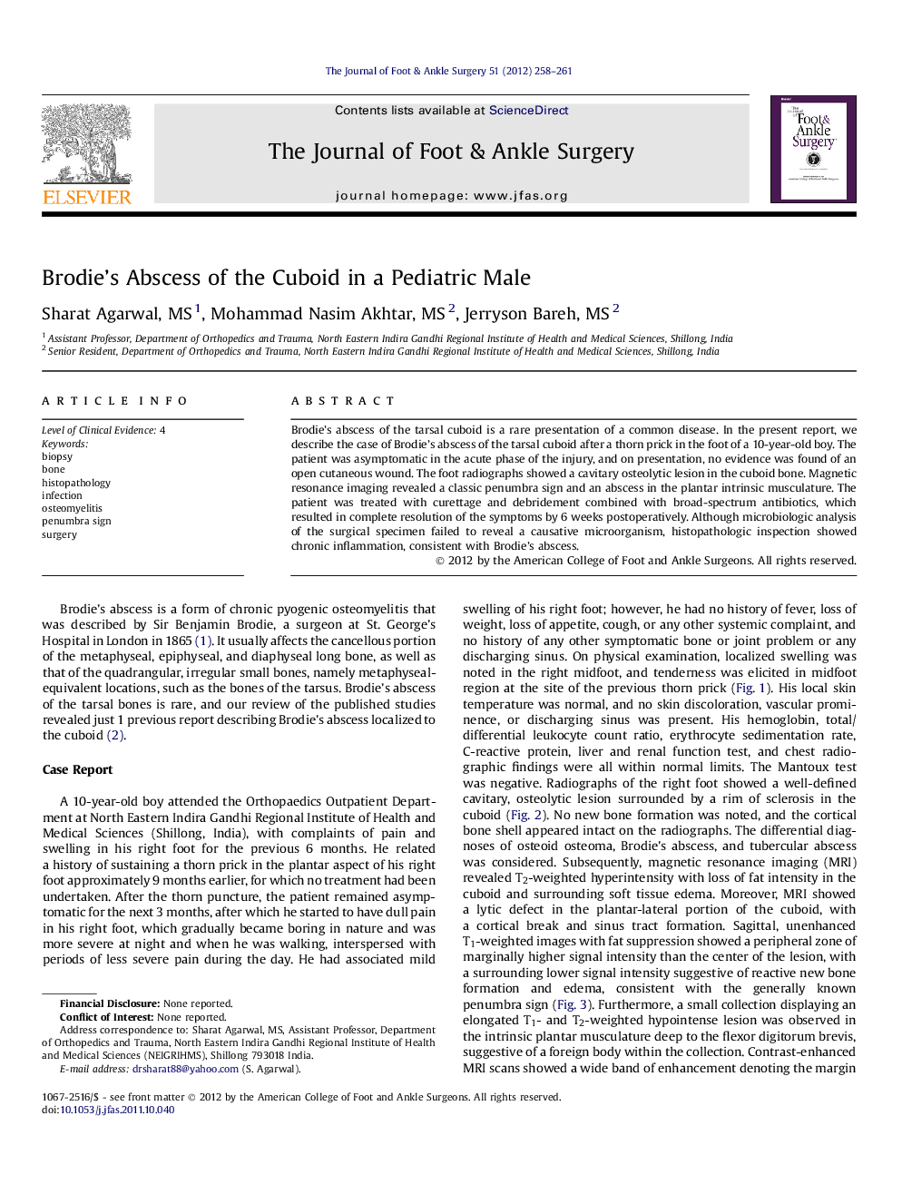 Brodie’s Abscess of the Cuboid in a Pediatric Male 