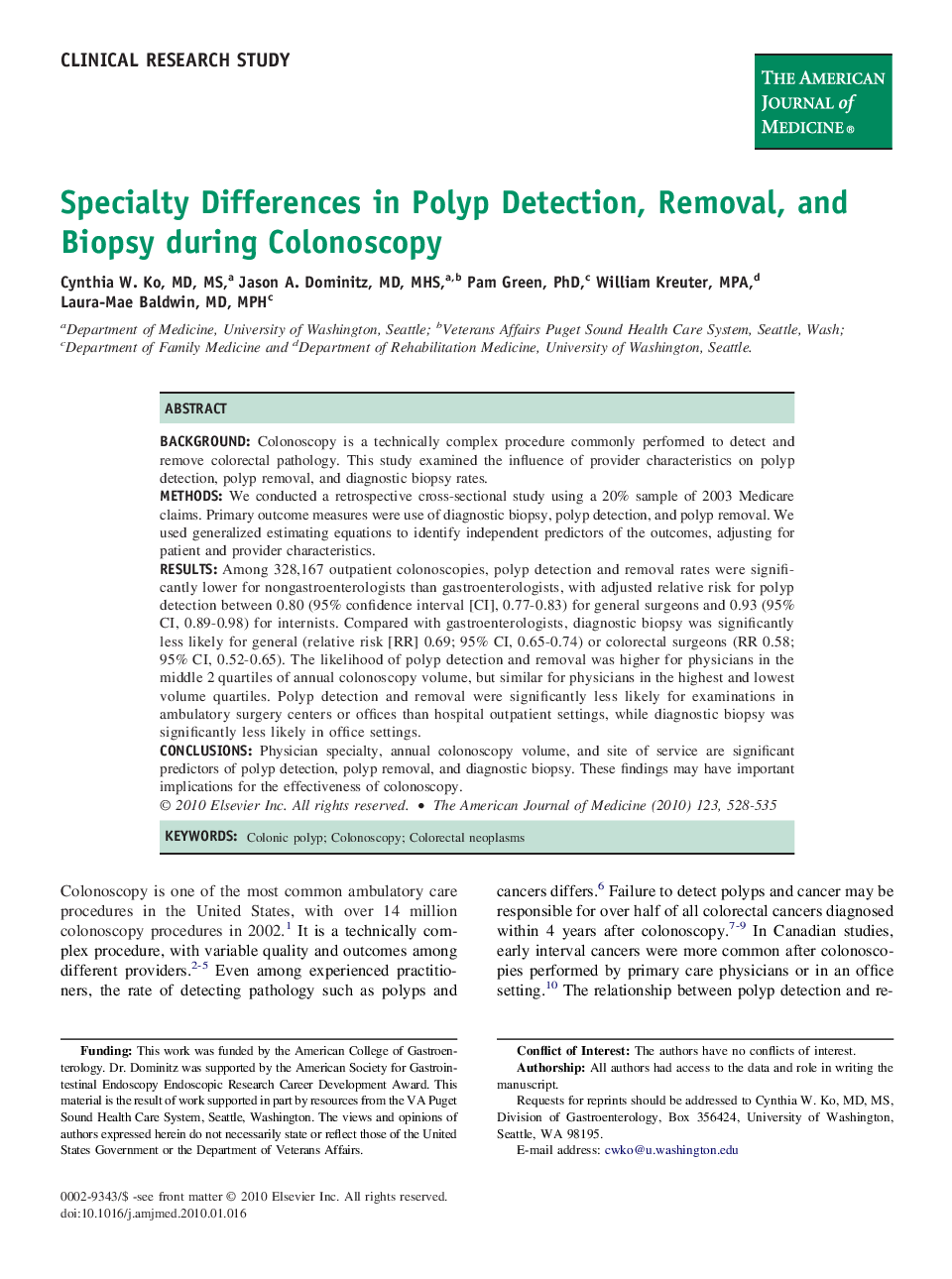 Specialty Differences in Polyp Detection, Removal, and Biopsy during Colonoscopy