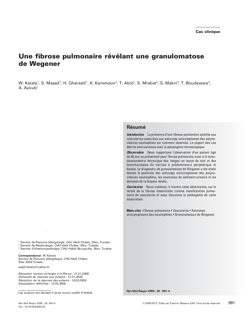 عکس صفحه اول مقاله: Une fibrose pulmonaire révélant une granulomatose de Wegener Une fibrose pulmonaire révélant une granulomatose de Wegener