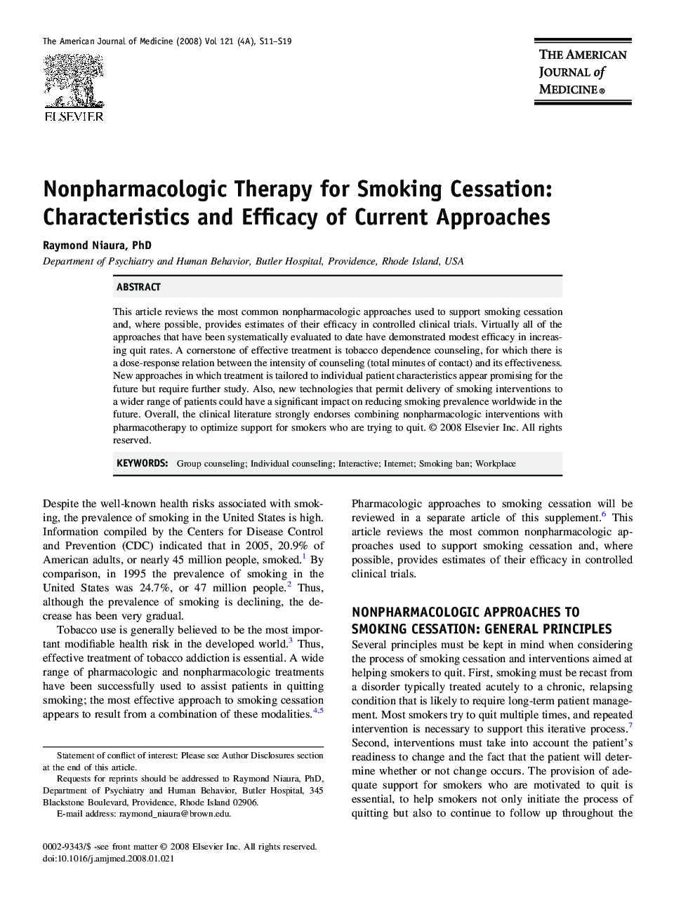 Nonpharmacologic Therapy for Smoking Cessation: Characteristics and Efficacy of Current Approaches 