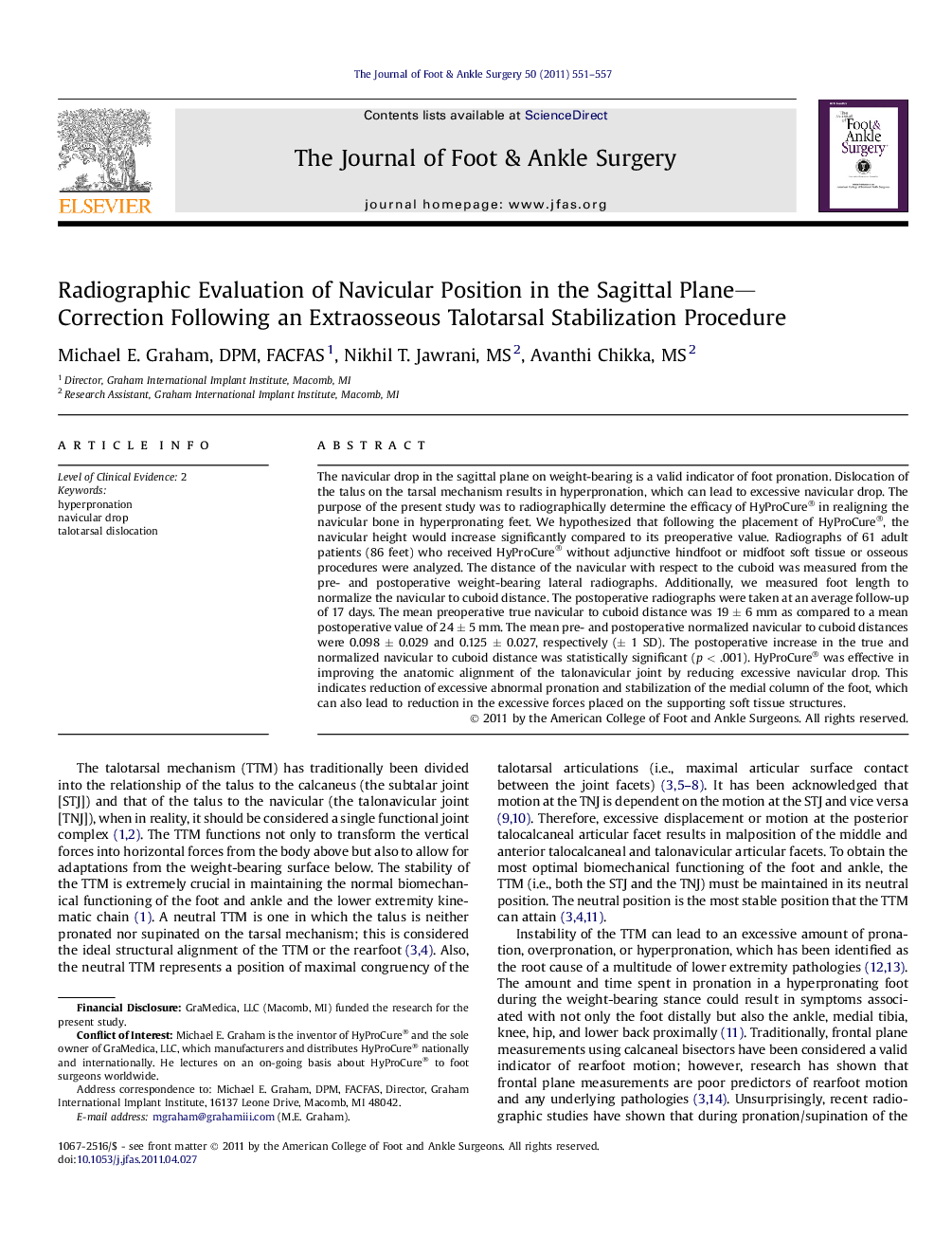 Radiographic Evaluation of Navicular Position in the Sagittal Plane—Correction Following an Extraosseous Talotarsal Stabilization Procedure 