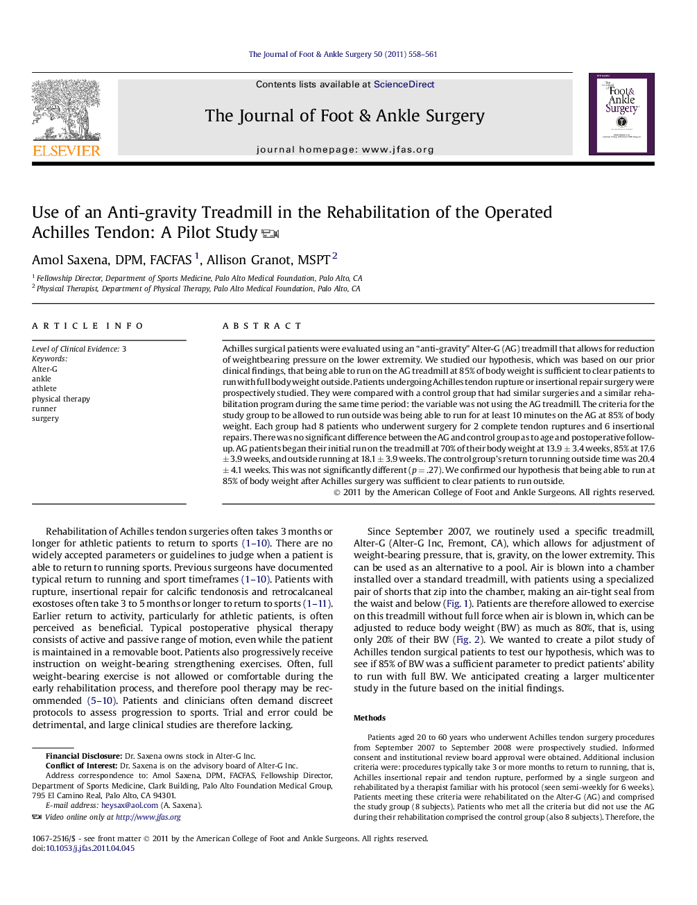 Use of an Anti-gravity Treadmill in the Rehabilitation of the Operated Achilles Tendon: A Pilot Study 