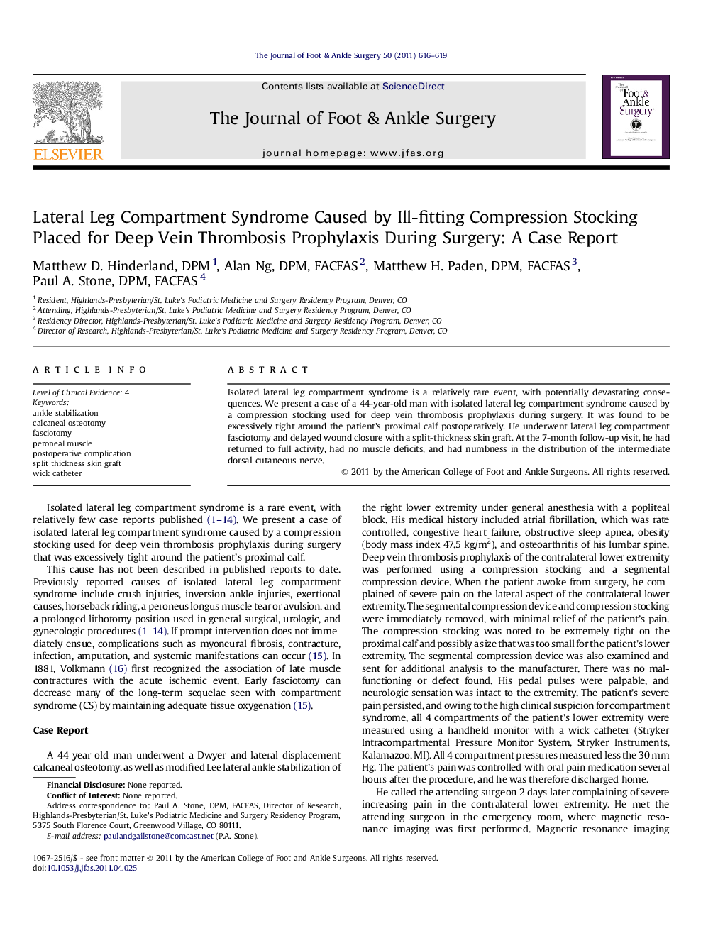 Lateral Leg Compartment Syndrome Caused by Ill-fitting Compression Stocking Placed for Deep Vein Thrombosis Prophylaxis During Surgery: A Case Report 